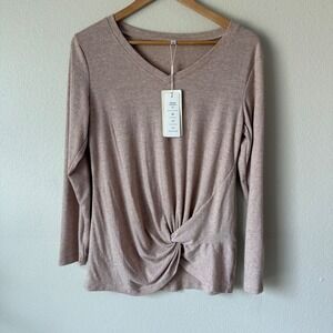 SAMPEEL Womens V-Neck Twist Front Long Sleeve Top Heathered Tan NWT Size Small